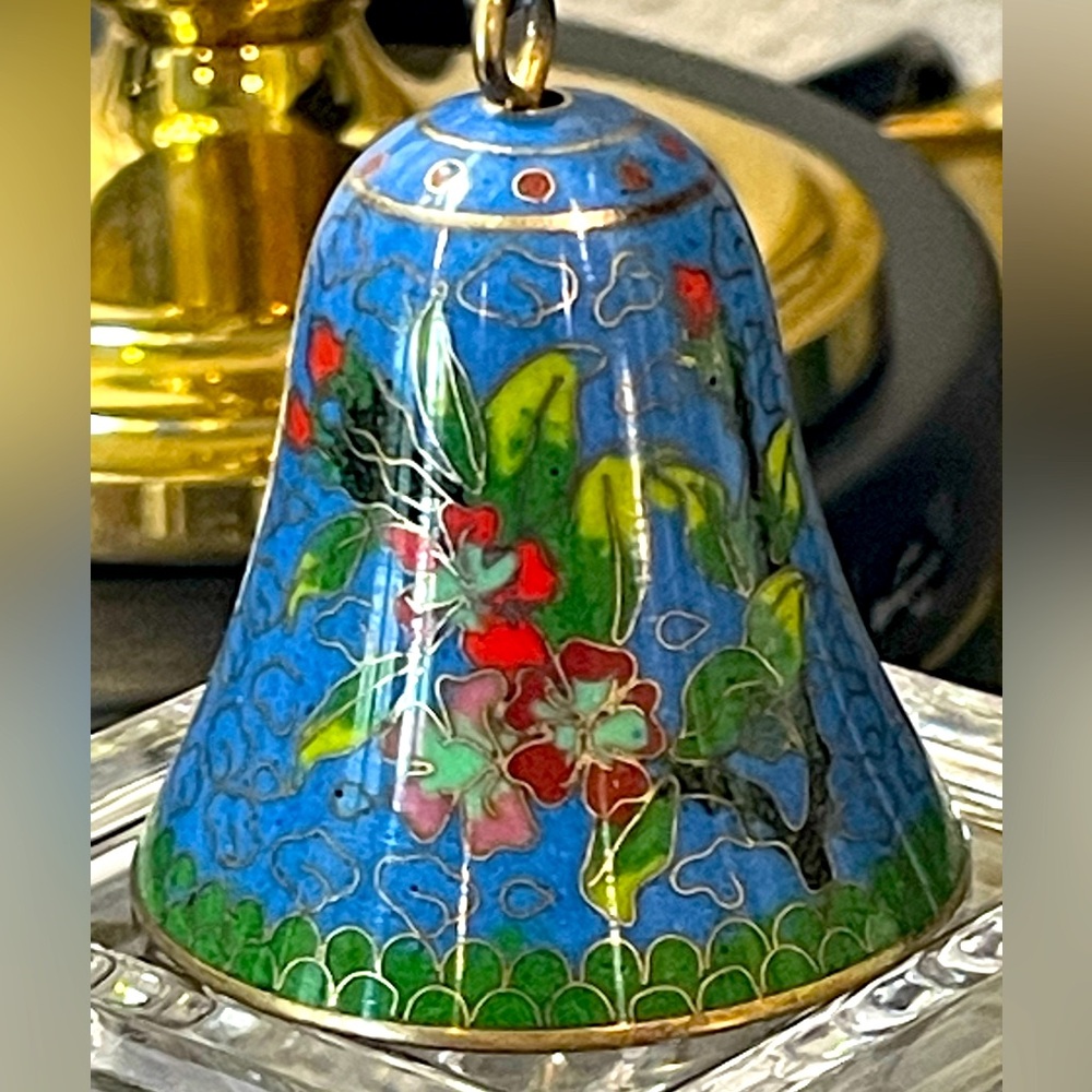 Beautiful Small Blue Cloisonne Metal Enameled Dinner Bell with Flower Motif